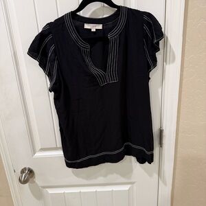 LOFT Black Blouse Women’s L Flutter Sleeve Contrast Stitch Top